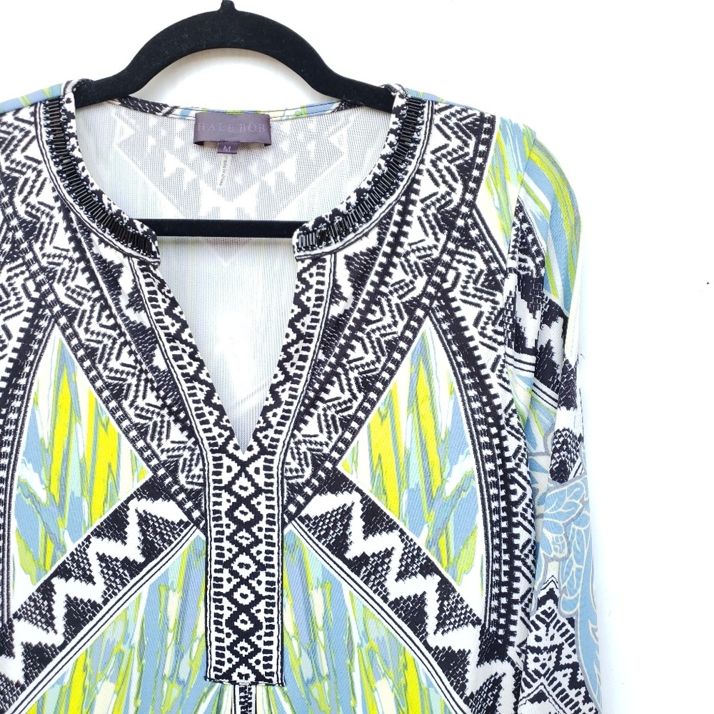 Hale Bob Printed V-Neck Tunic Dress in Lime, Light Blue & Black